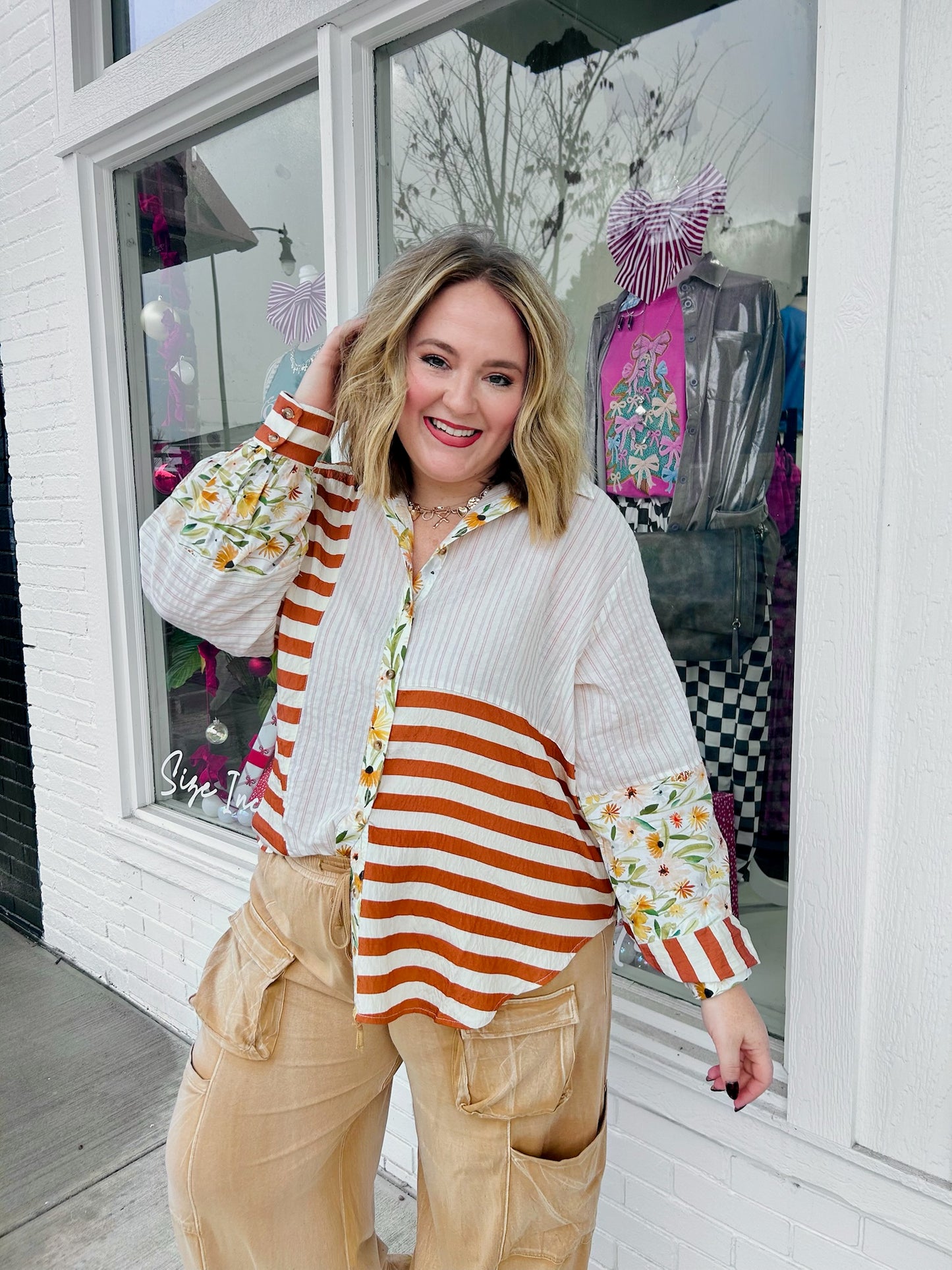 Button-Down Floral Stripe Top