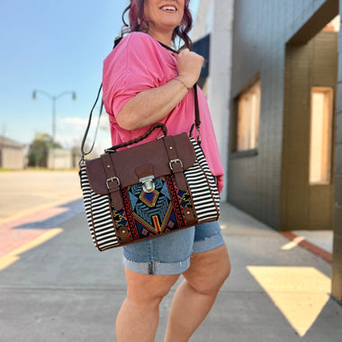 Harlow Aztec Embroidered Satchel in Black