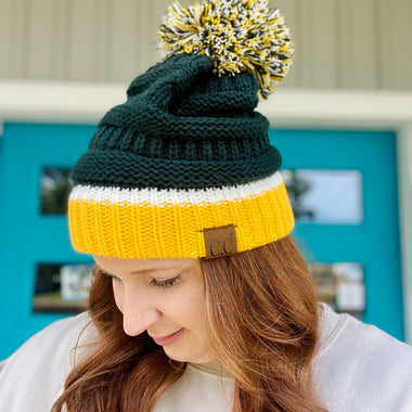 Green and Yellow CC Knit Beanie with Pom