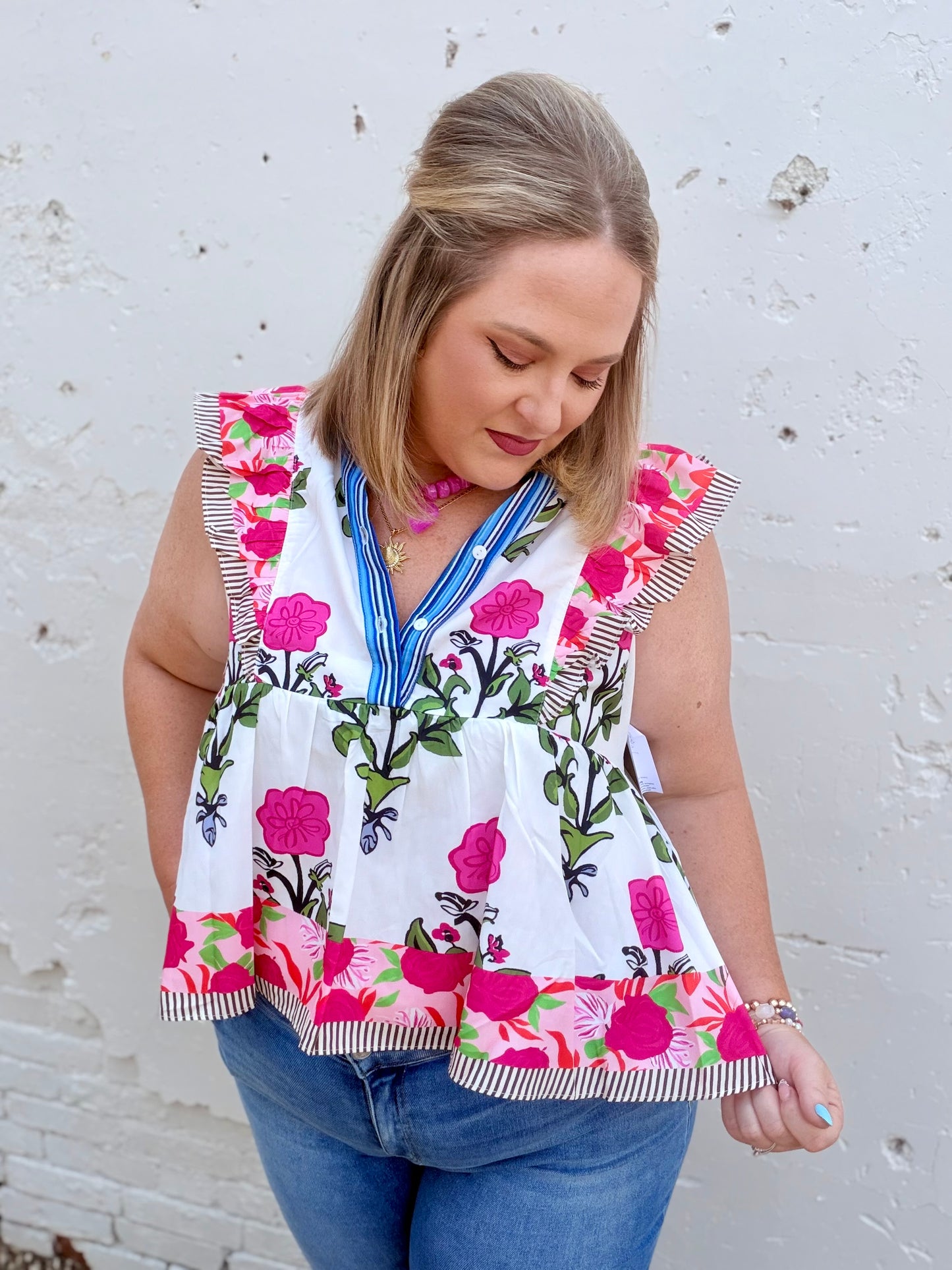 Floral Stripe Trim Buttoned V-Neck Flutter Sleeve Blouse