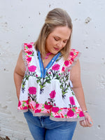 Floral Stripe Trim Buttoned V-Neck Flutter Sleeve Blouse