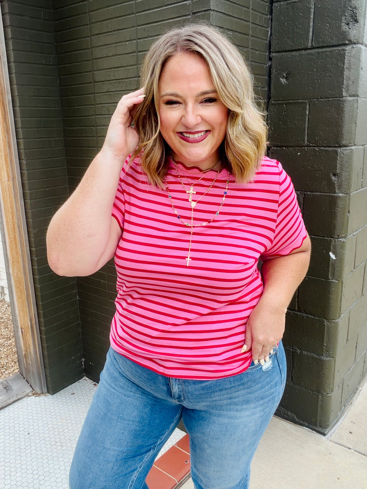 Lennie Stripe Scalloped Top in Red