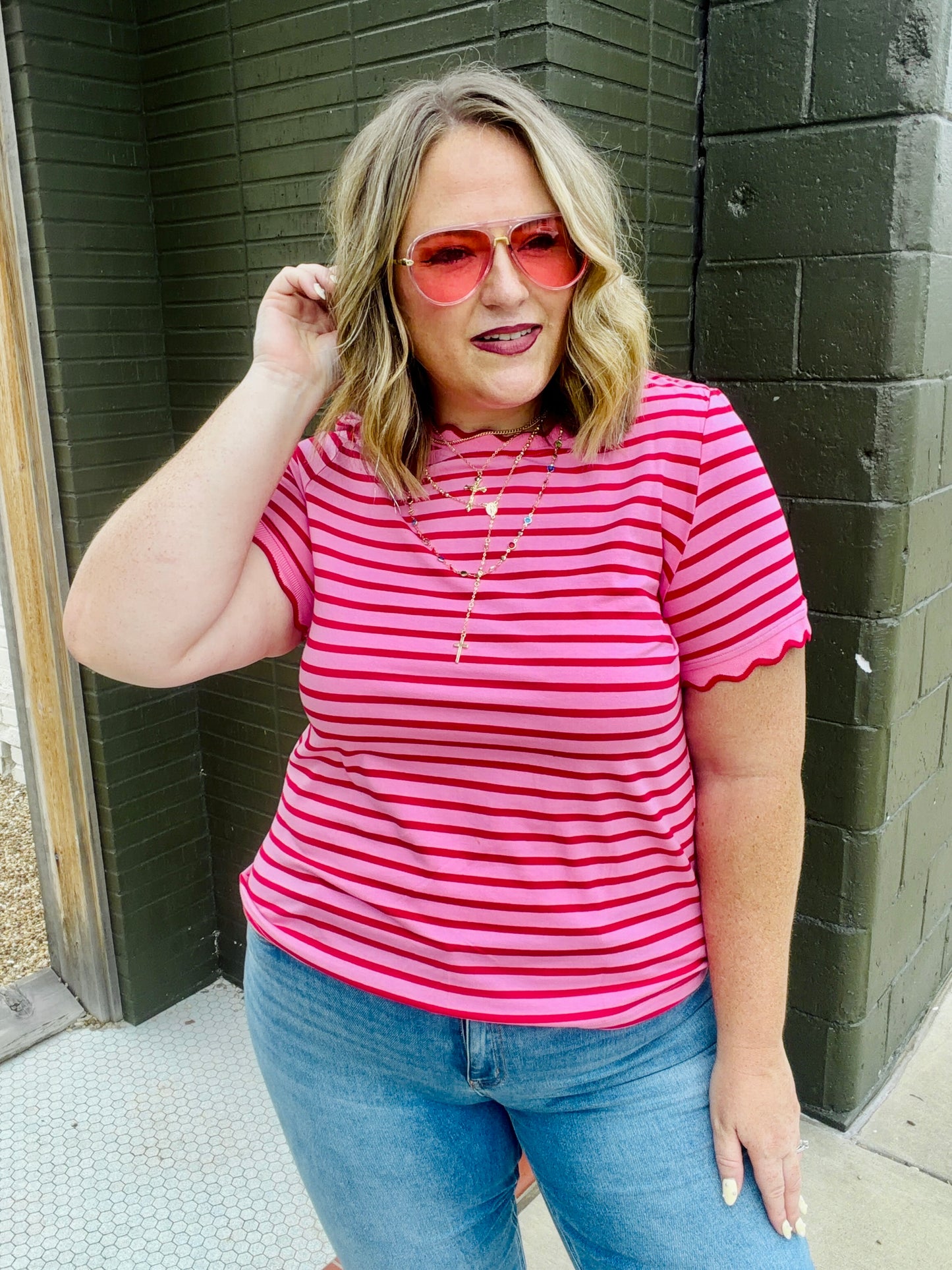 Lennie Stripe Scalloped Top in Red