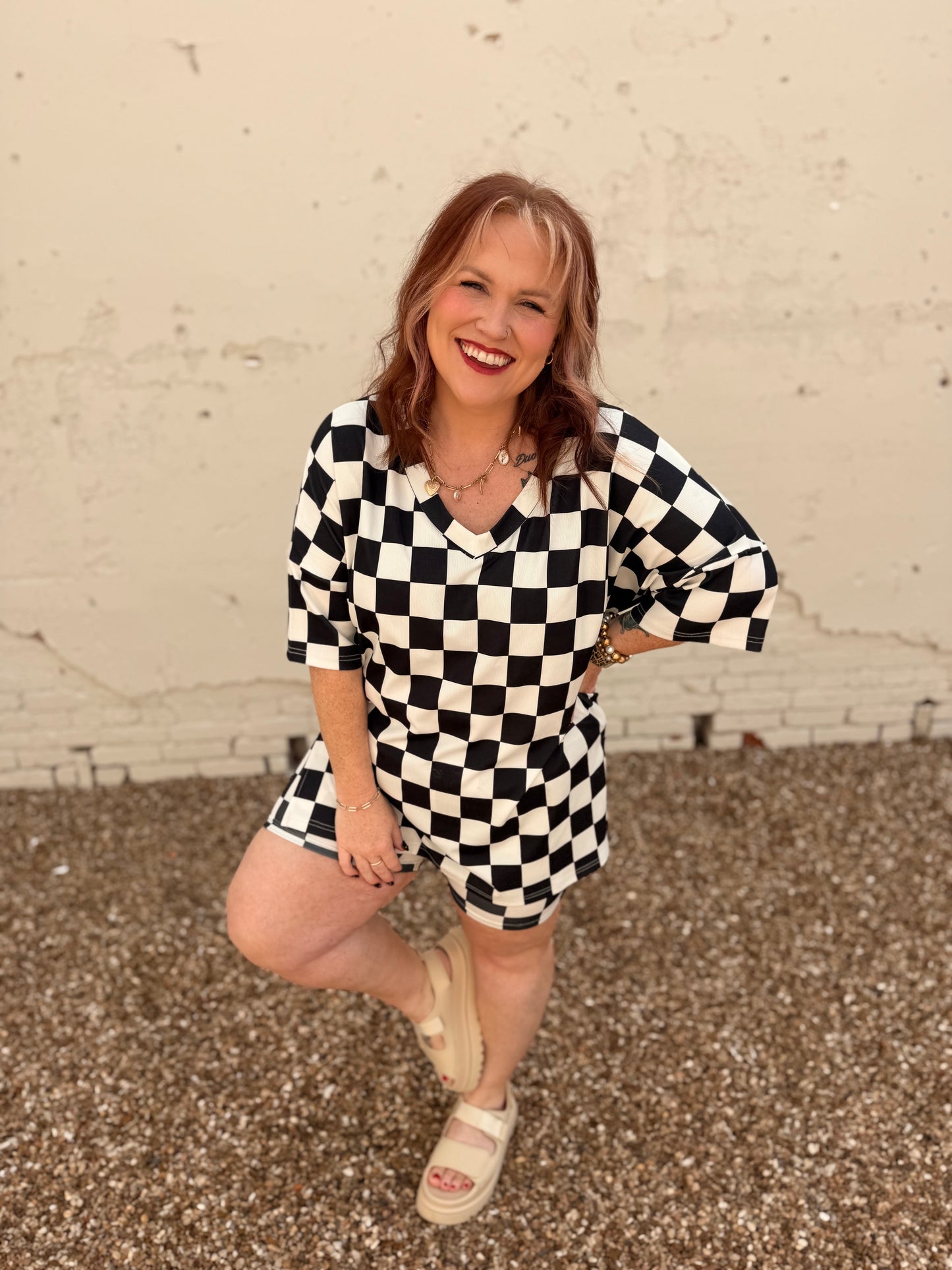Maci Oversized Checkered V-Neck Top