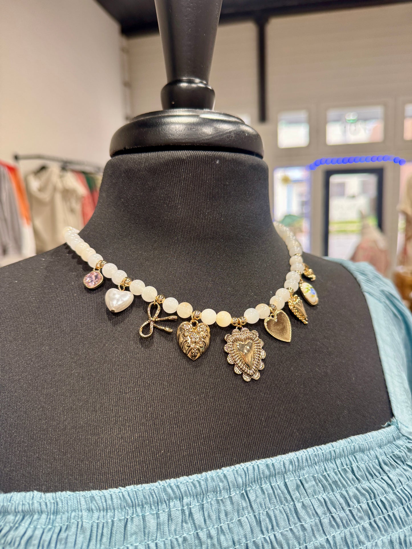 White Beaded Charm Necklace