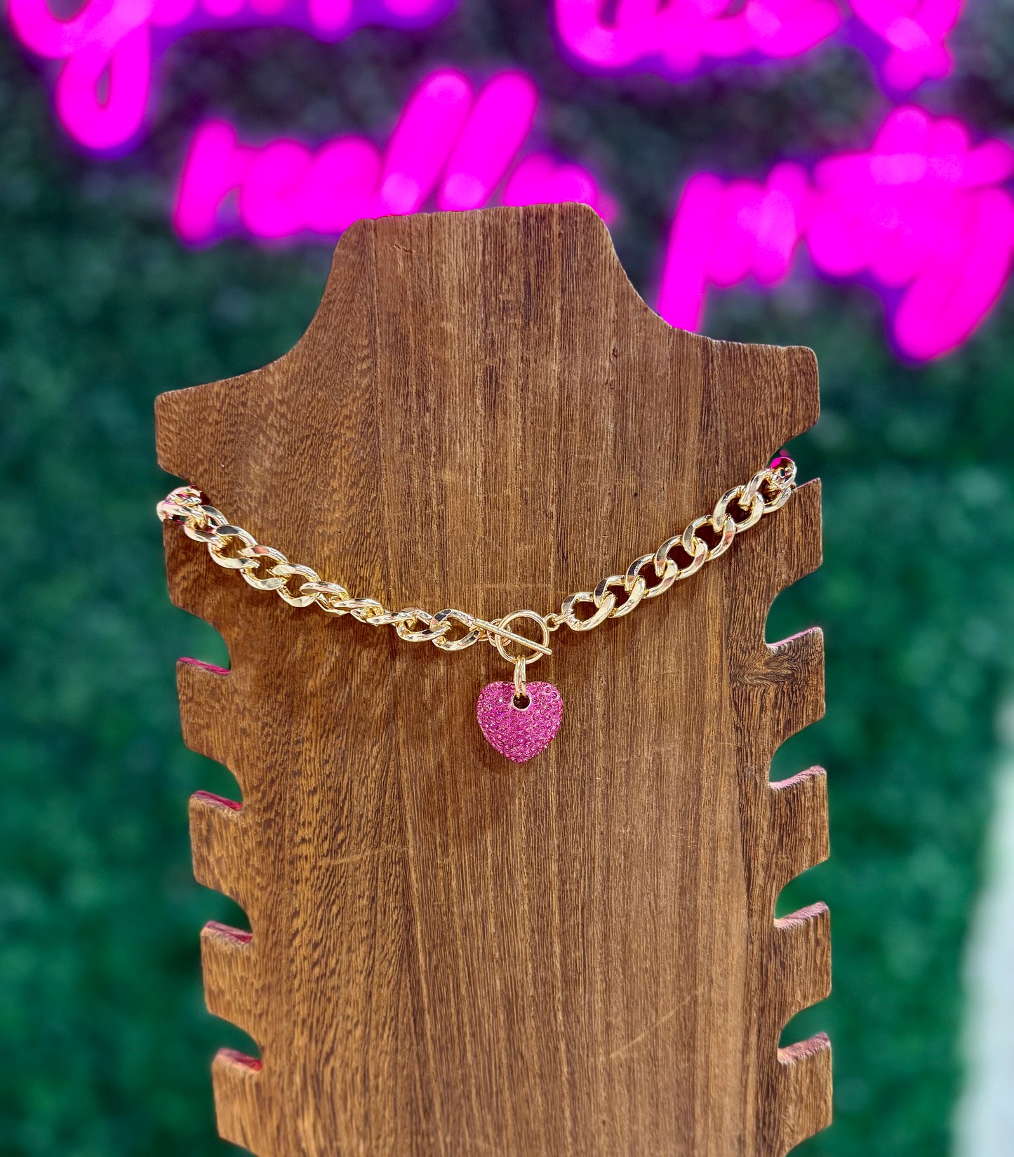 Rhinestone Puffy Heart Drop Necklace