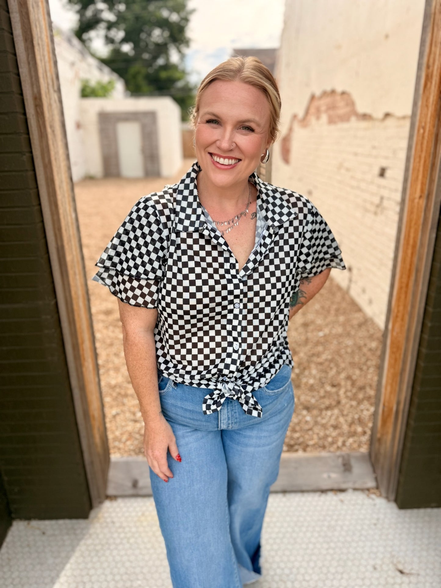 Mesh Checkered Button Down