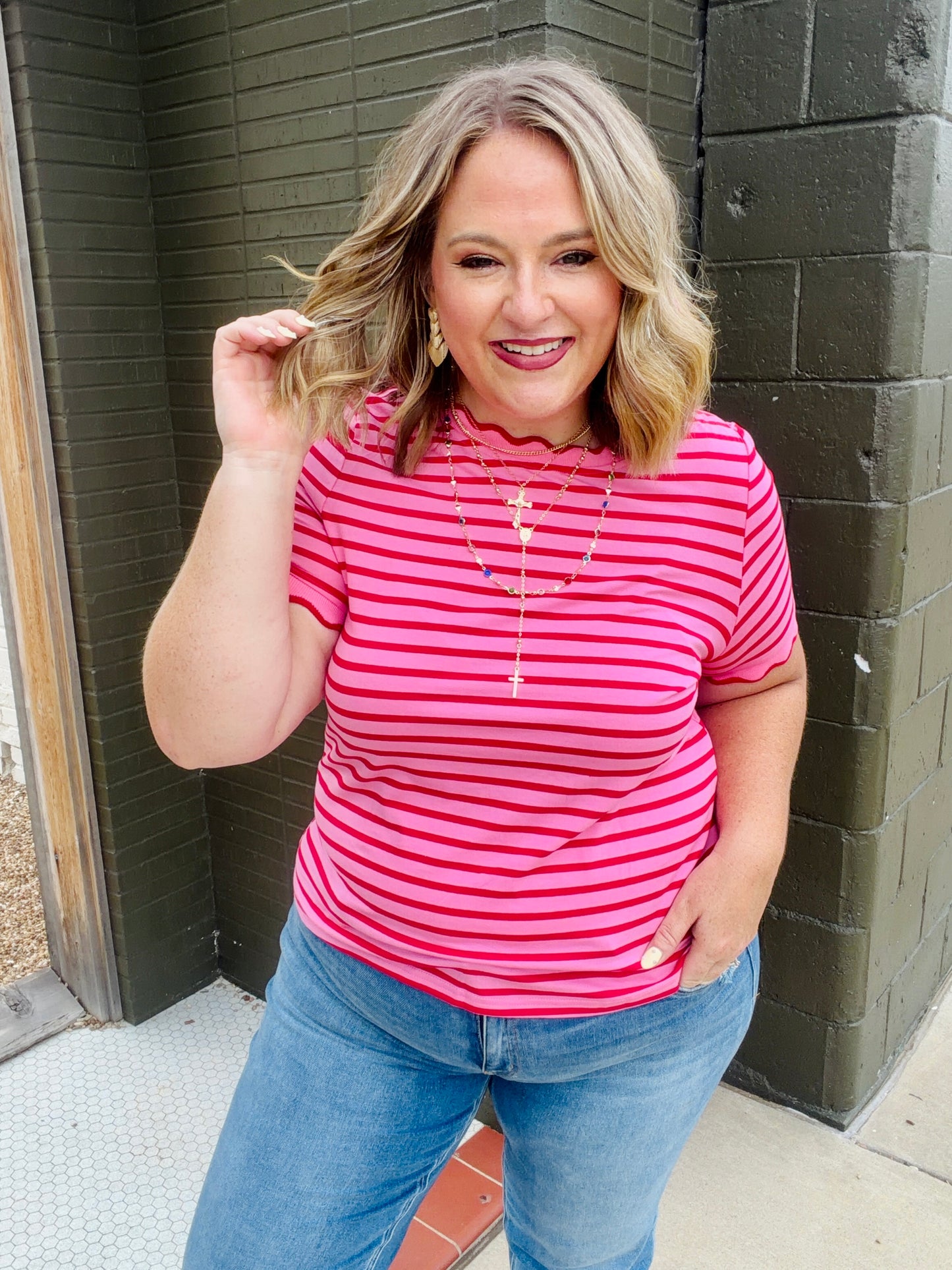 Lennie Stripe Scalloped Top in Red