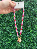 Beaded Porcelain Heart Charm Necklace - Pink