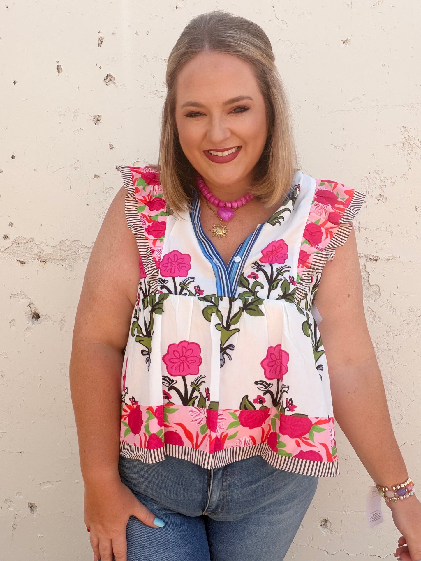 Floral Stripe Trim Buttoned V-Neck Flutter Sleeve Blouse
