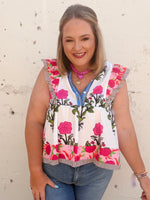 Floral Stripe Trim Buttoned V-Neck Flutter Sleeve Blouse