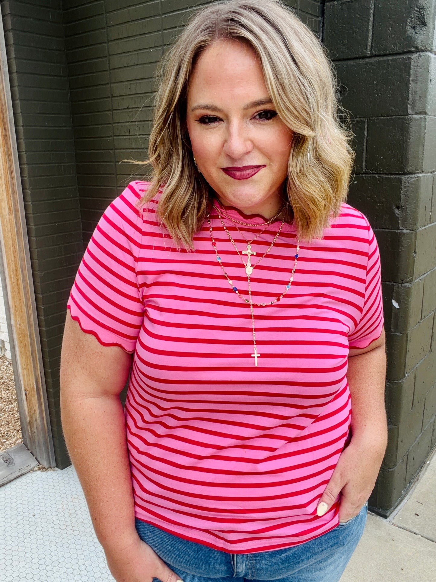 Lennie Stripe Scalloped Top in Red