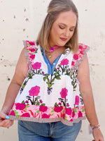 Floral Stripe Trim Buttoned V-Neck Flutter Sleeve Blouse