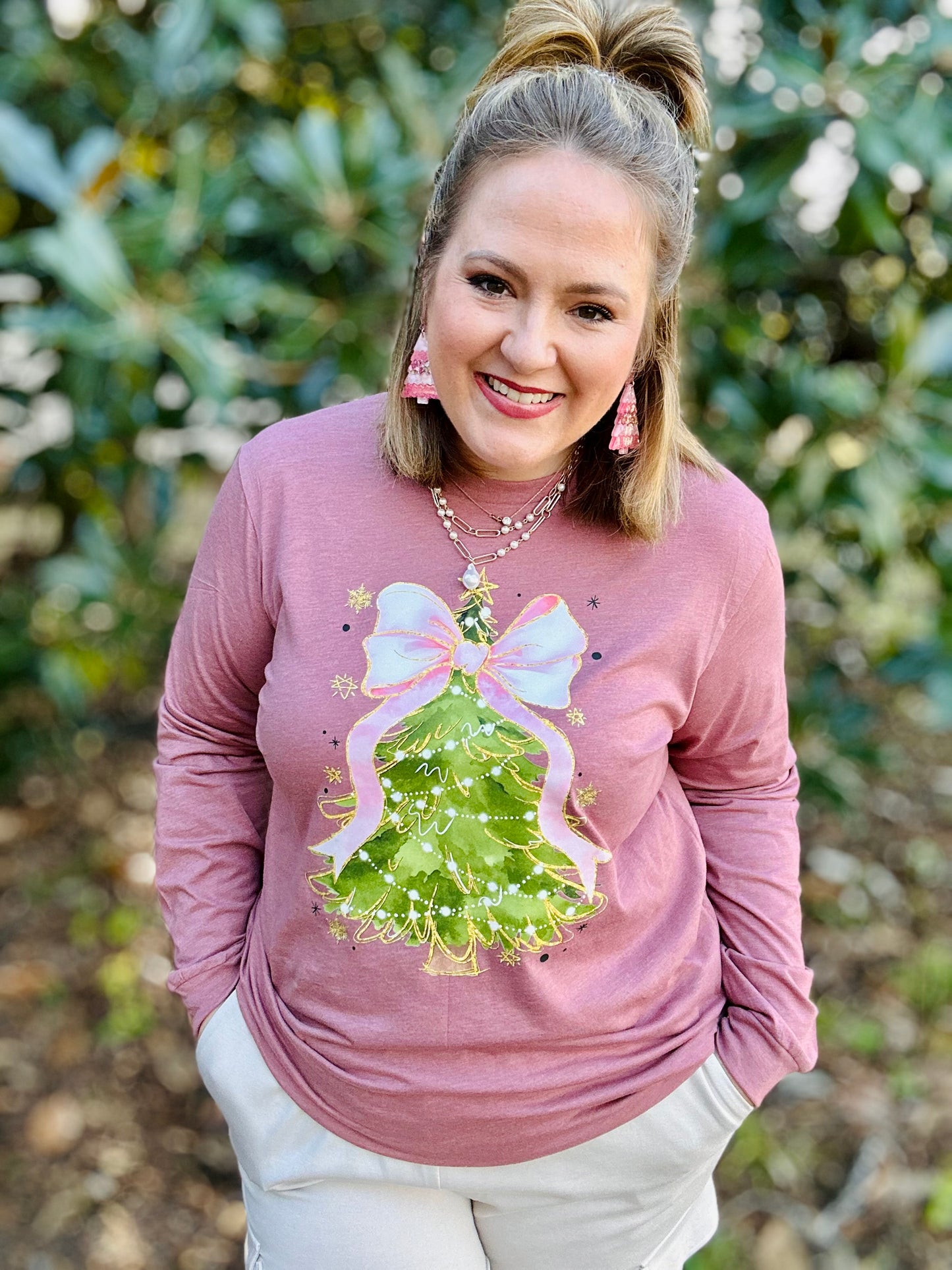 Pink Bow Christmas Tree Long Sleeve Tee