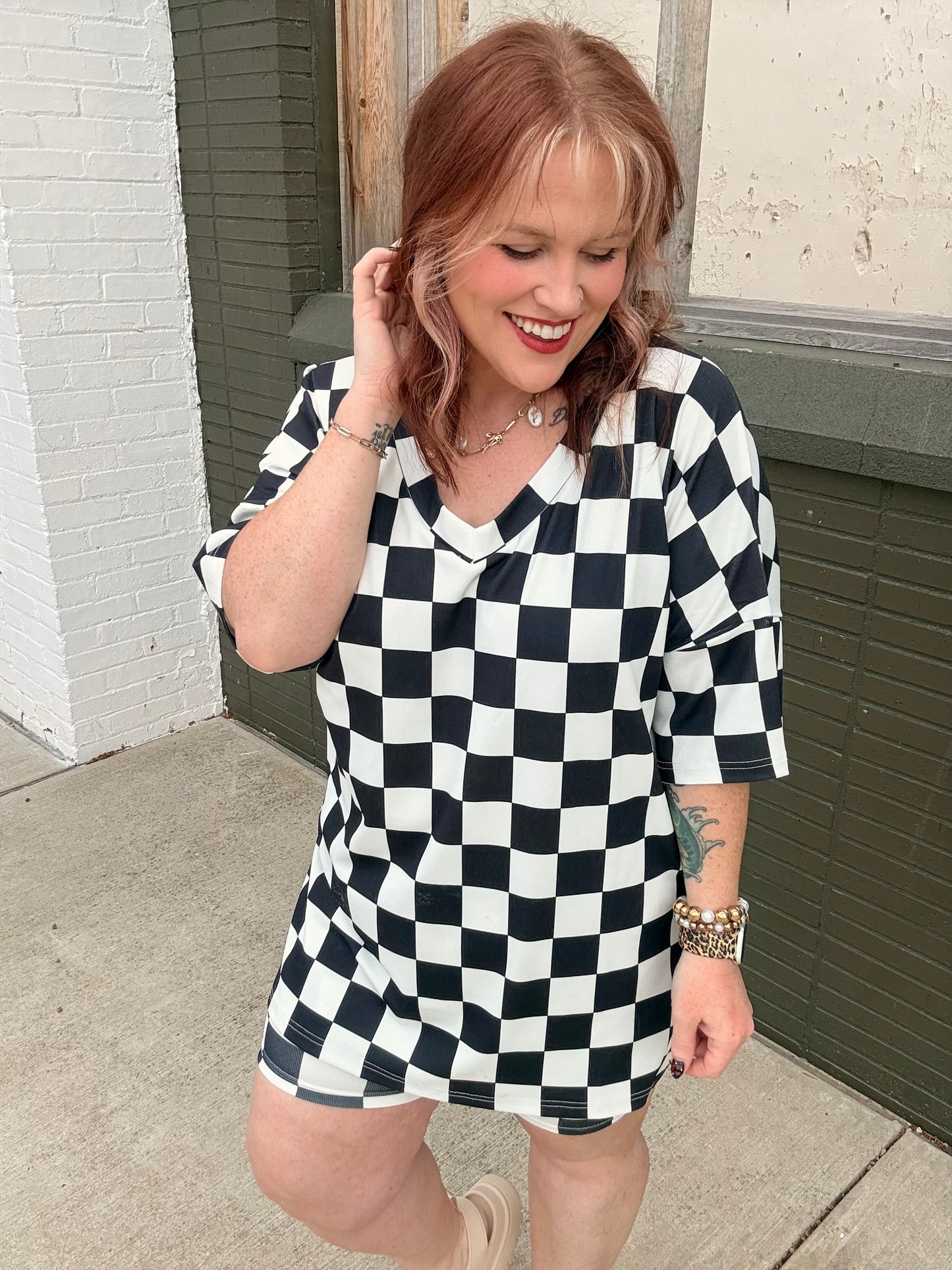 Maci Oversized Checkered V-Neck Top