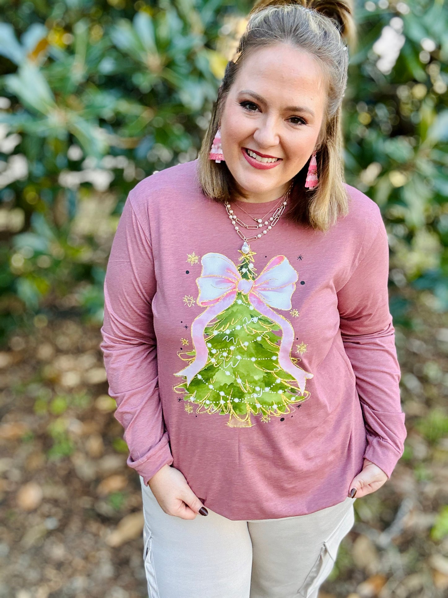 Pink Bow Christmas Tree Long Sleeve Tee