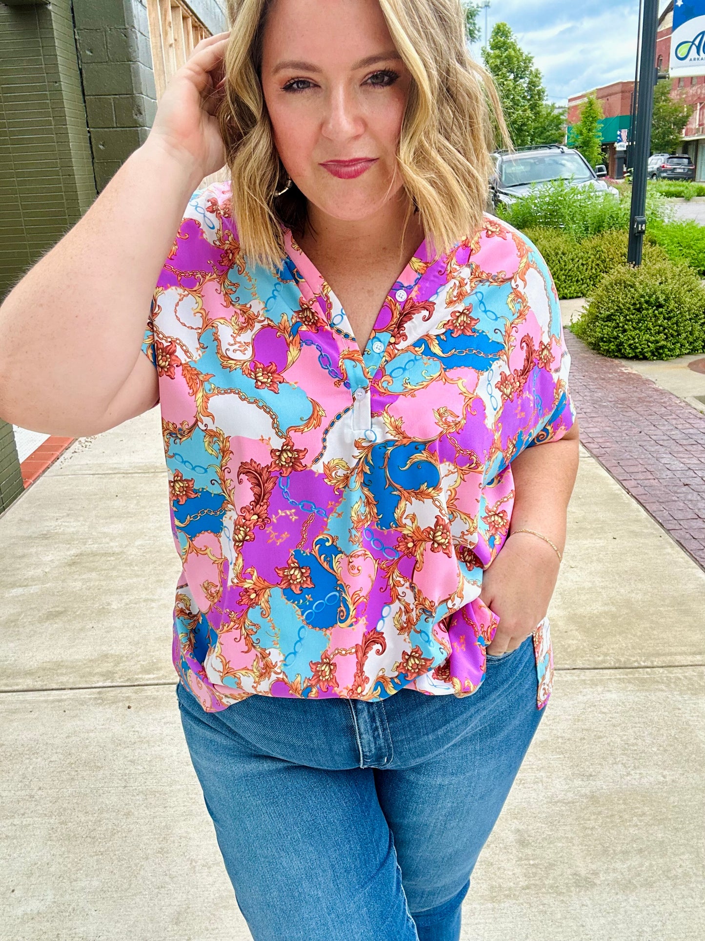 Malia Mixed Print Button Top