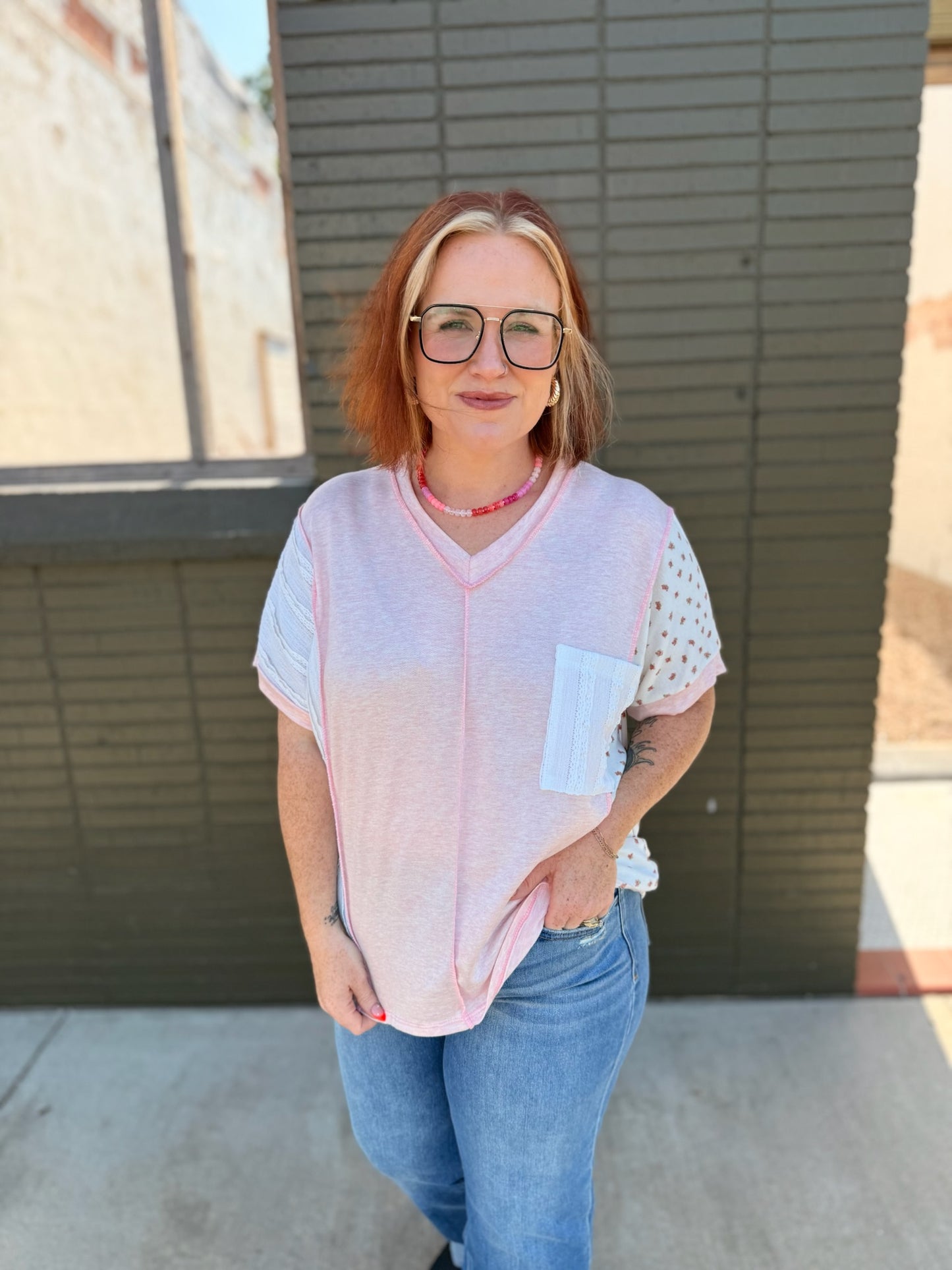 Lilah Patchwork V neck Top