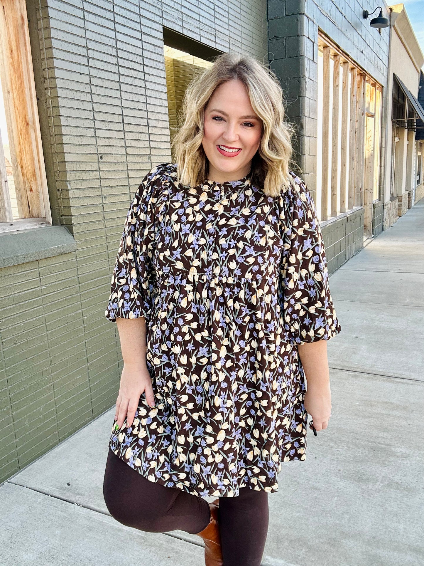 Floral Corduroy Puff Sleeve Babydoll Dress