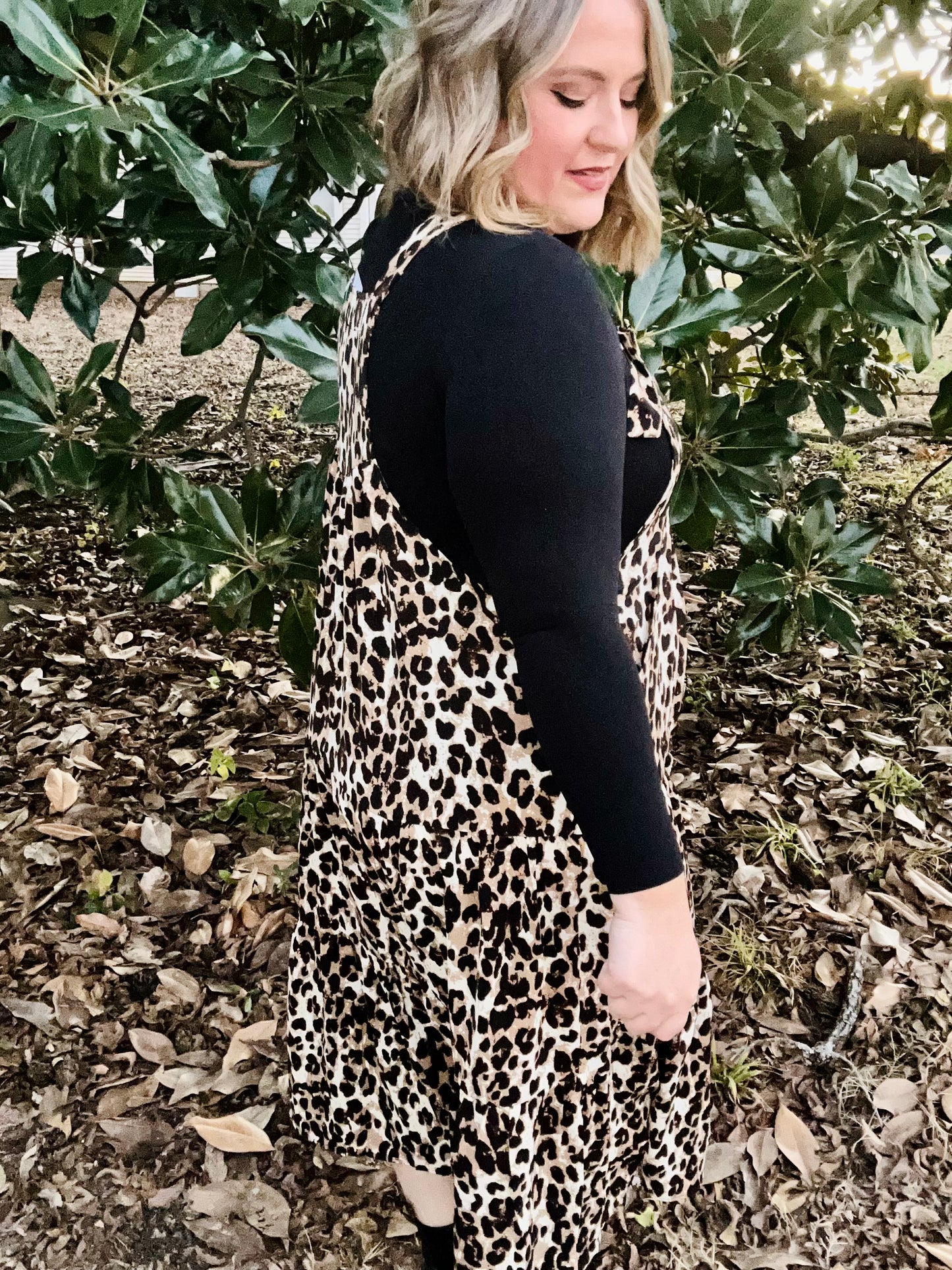 Sam Leopard Overall Tiered Midi Dress