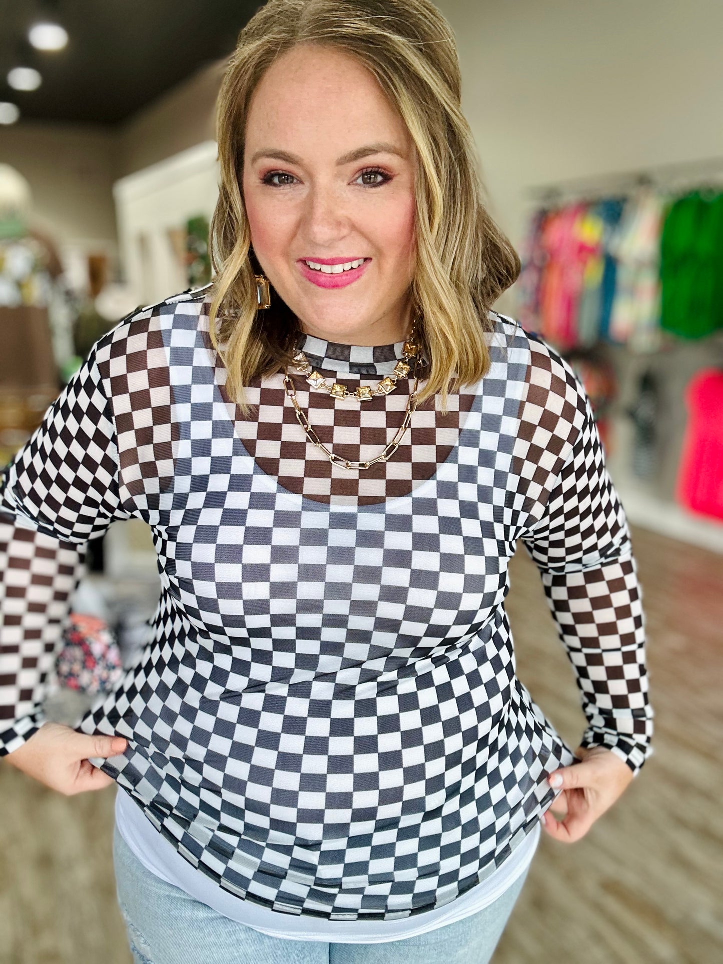 Black Checkered Mesh Top