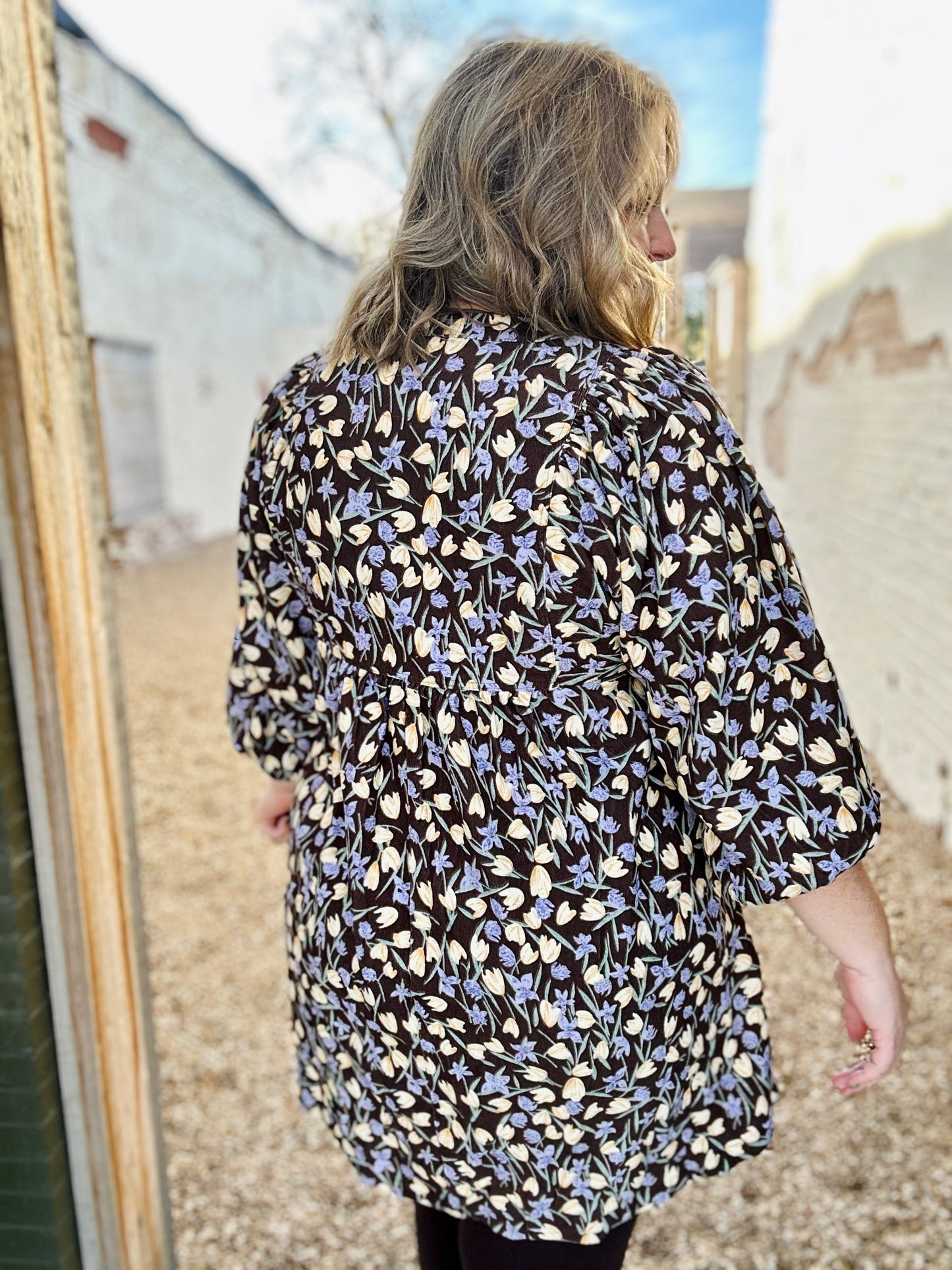 Floral Corduroy Puff Sleeve Babydoll Dress