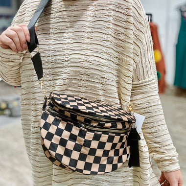 Checkered Nylon Oversized Fanny in Tan/Black