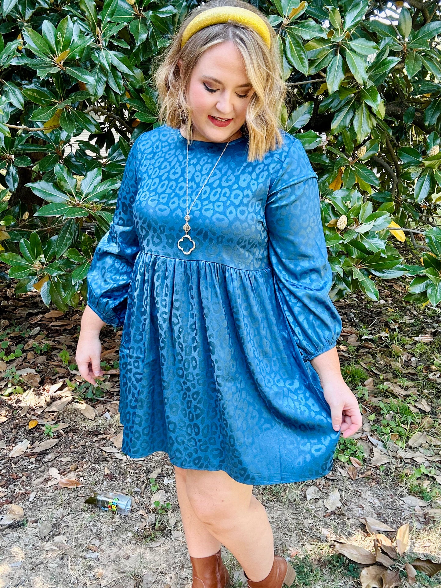 Muted Leopard Babydoll Dress in Teal