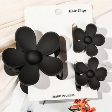 Set of Three Flower Hair Clips - Black