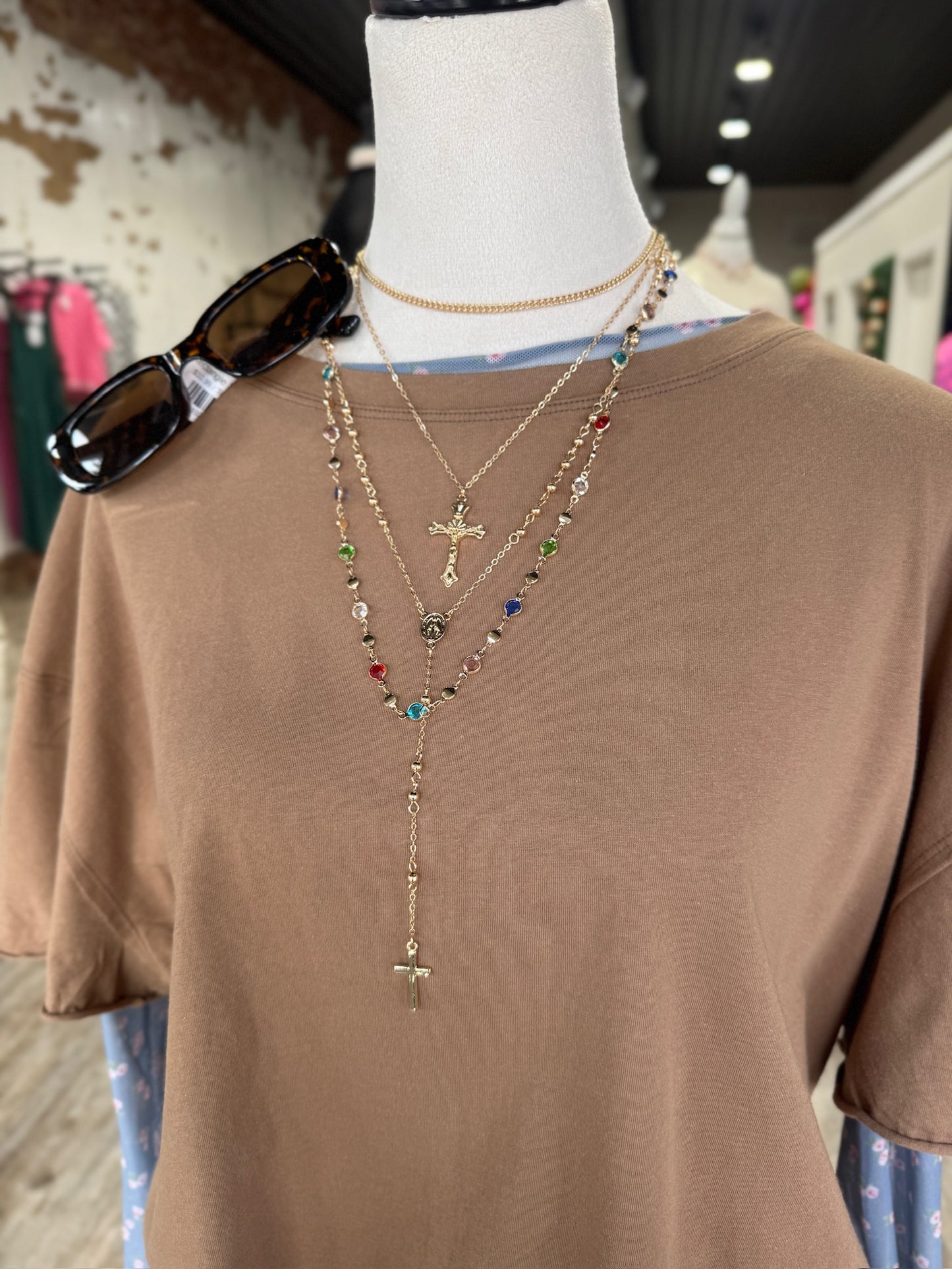 Multi Stones Cross Layered Necklace