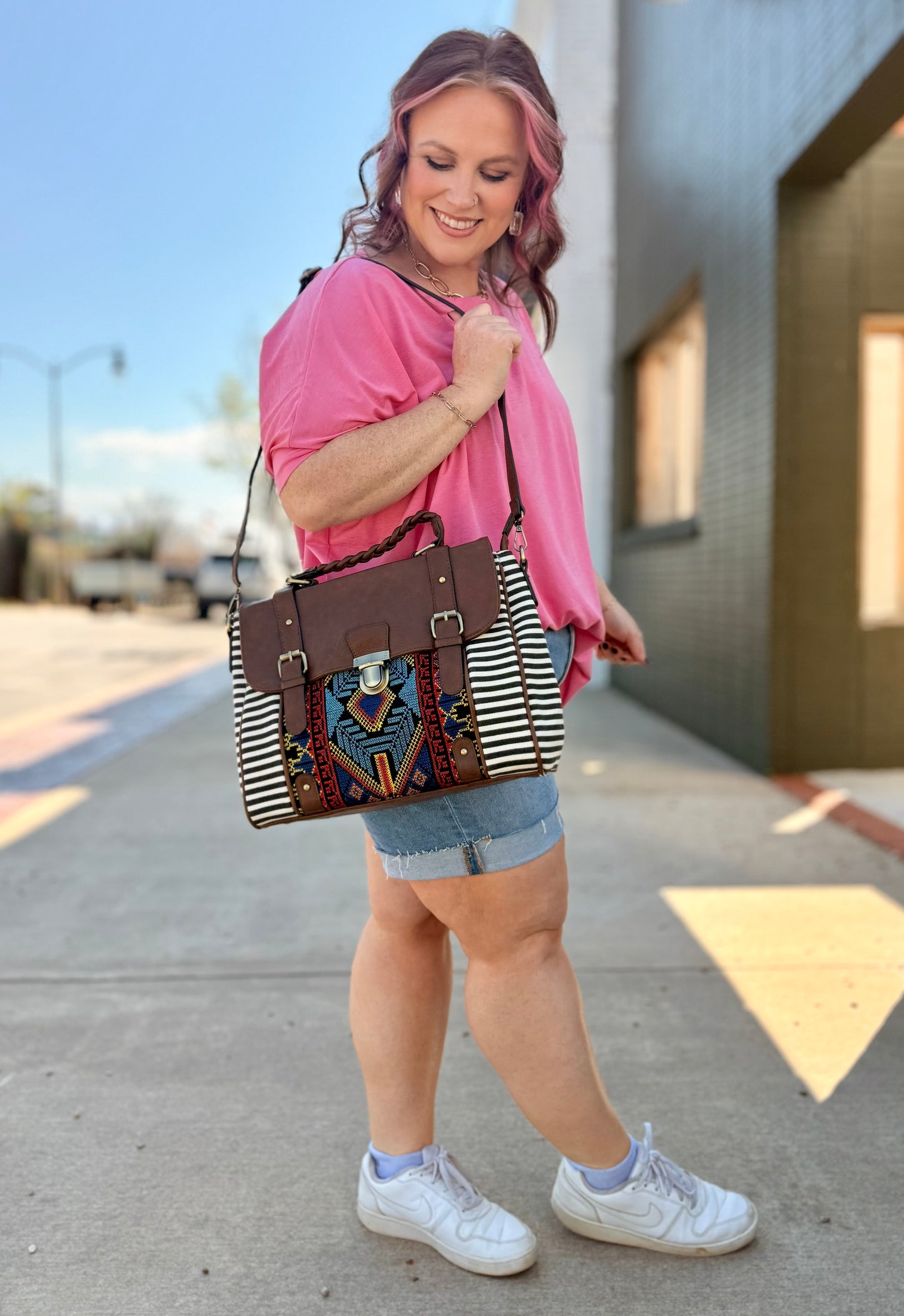Harlow Aztec Embroidered Satchel in Black