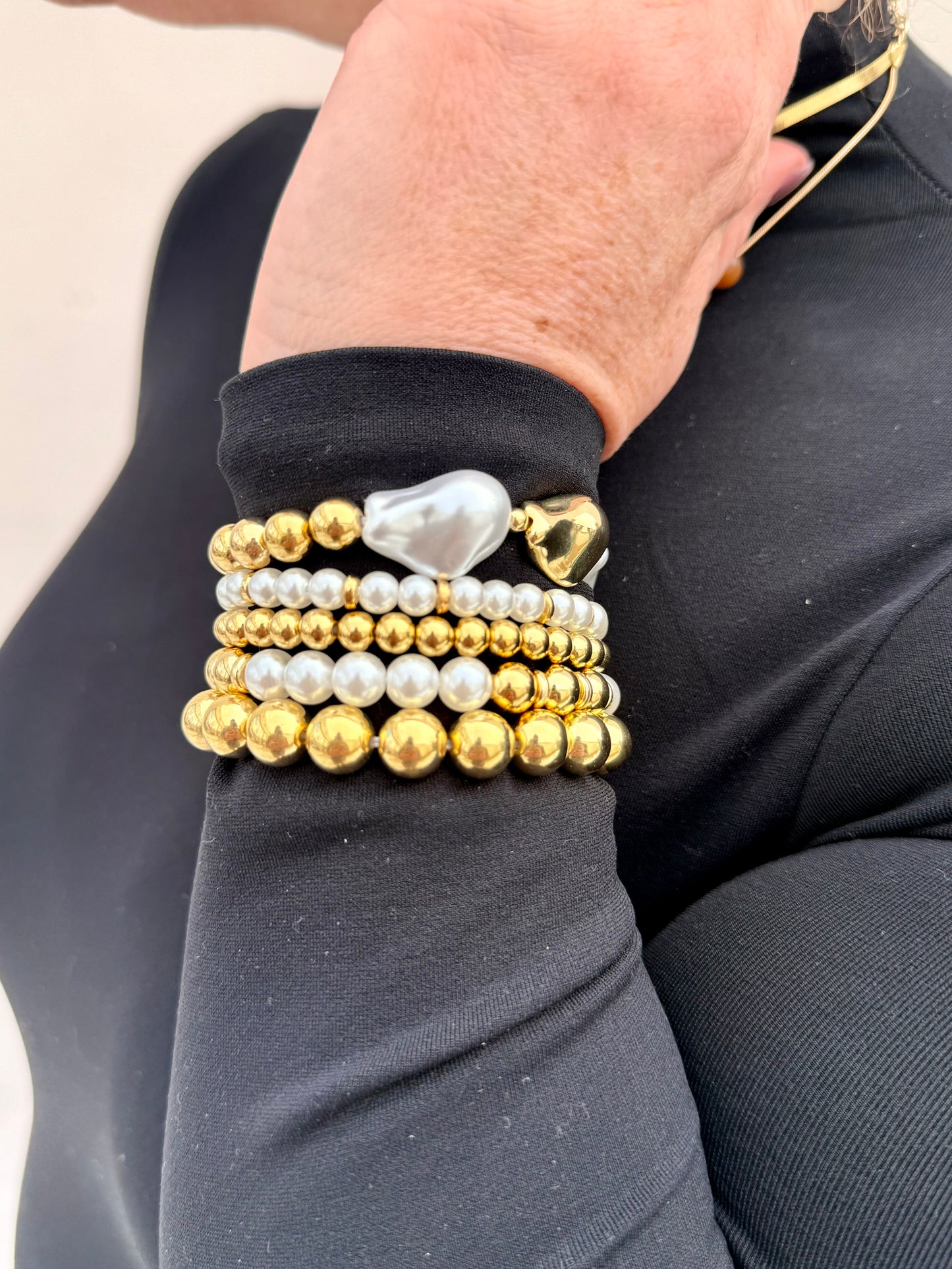 Set of Five Gold & Pearl Bracelets