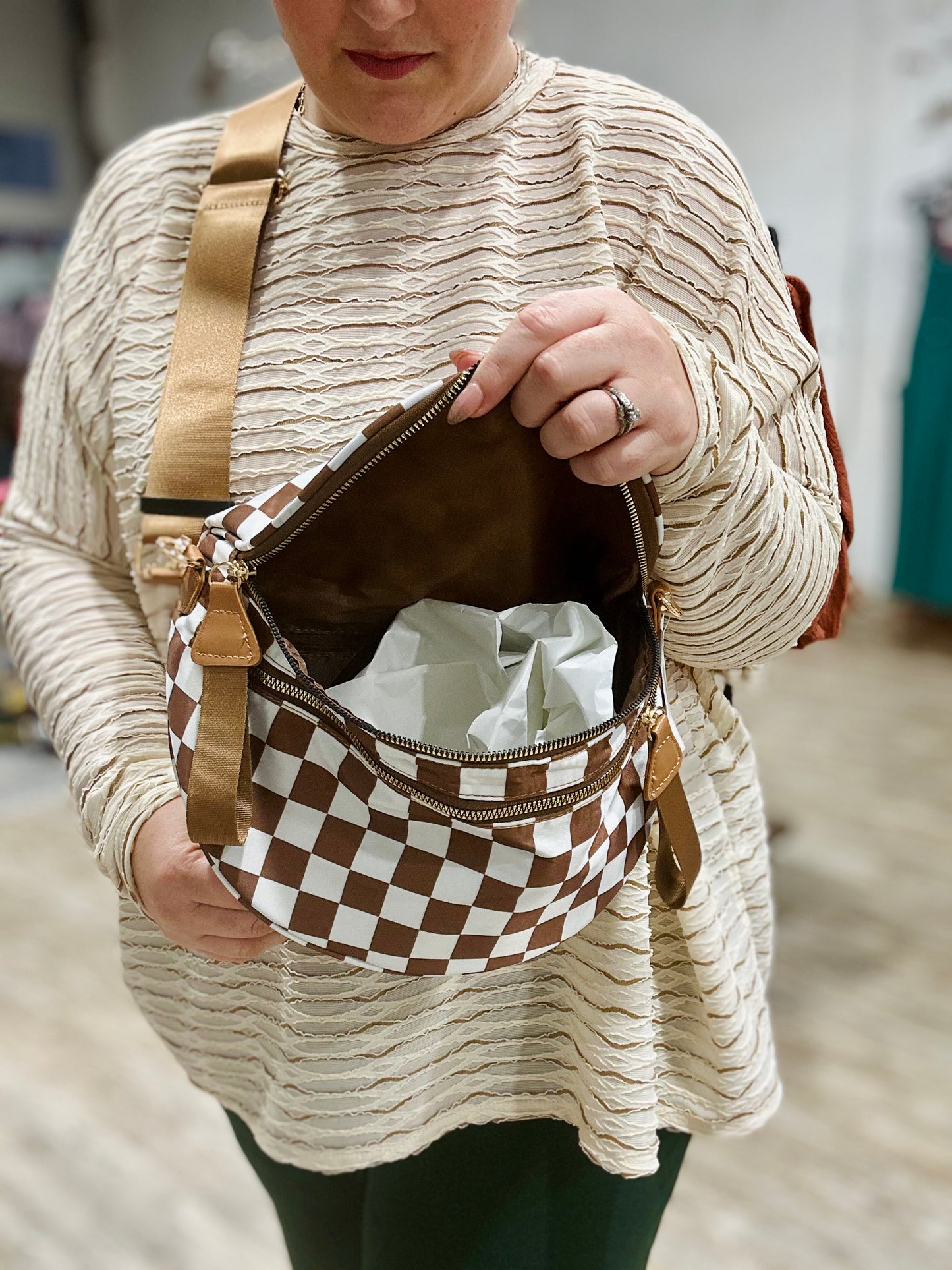 Checkered Nylon Oversized Fanny in Brown