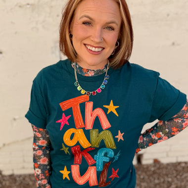Thankful Multi Tee on Deep Green