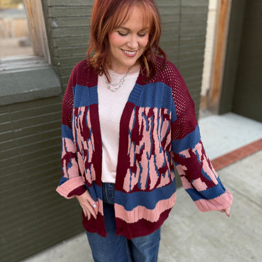 Joe color block Sweater Cardigan in Wine