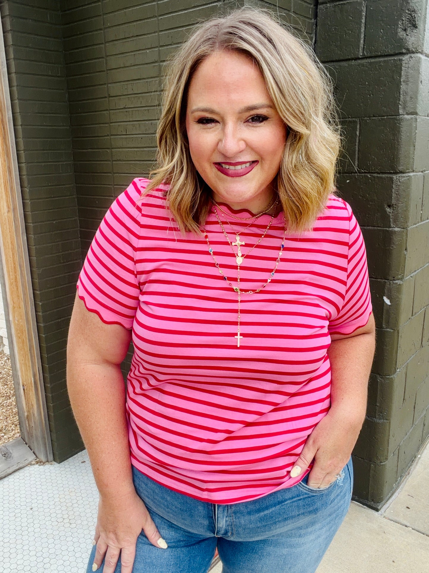 Lennie Stripe Scalloped Top in Red