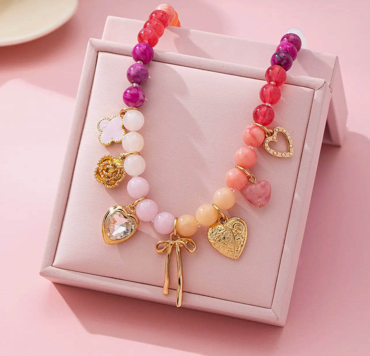 Pink Beaded Charm Necklace