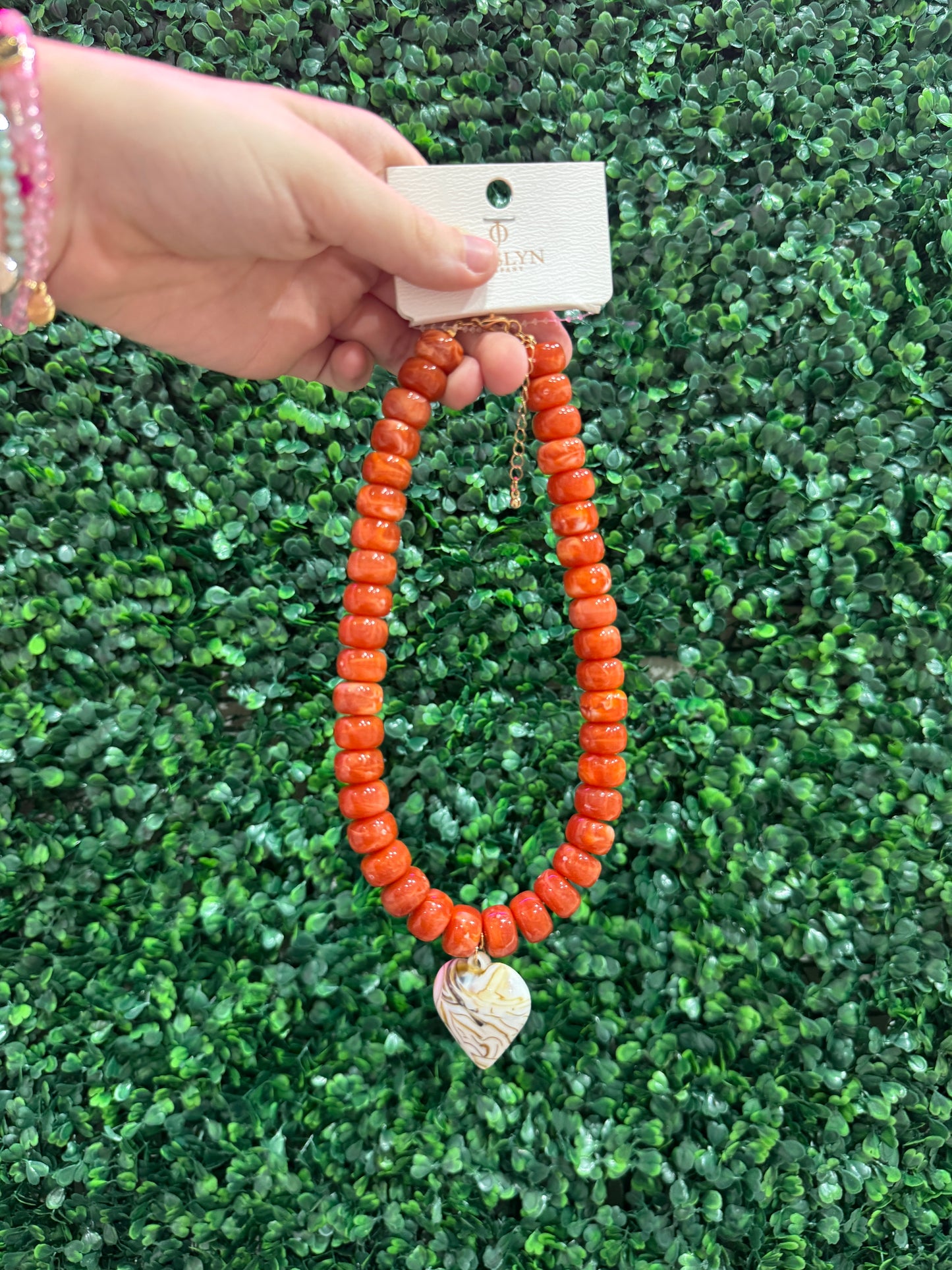 Chunky Beaded Heart Necklace - Amber