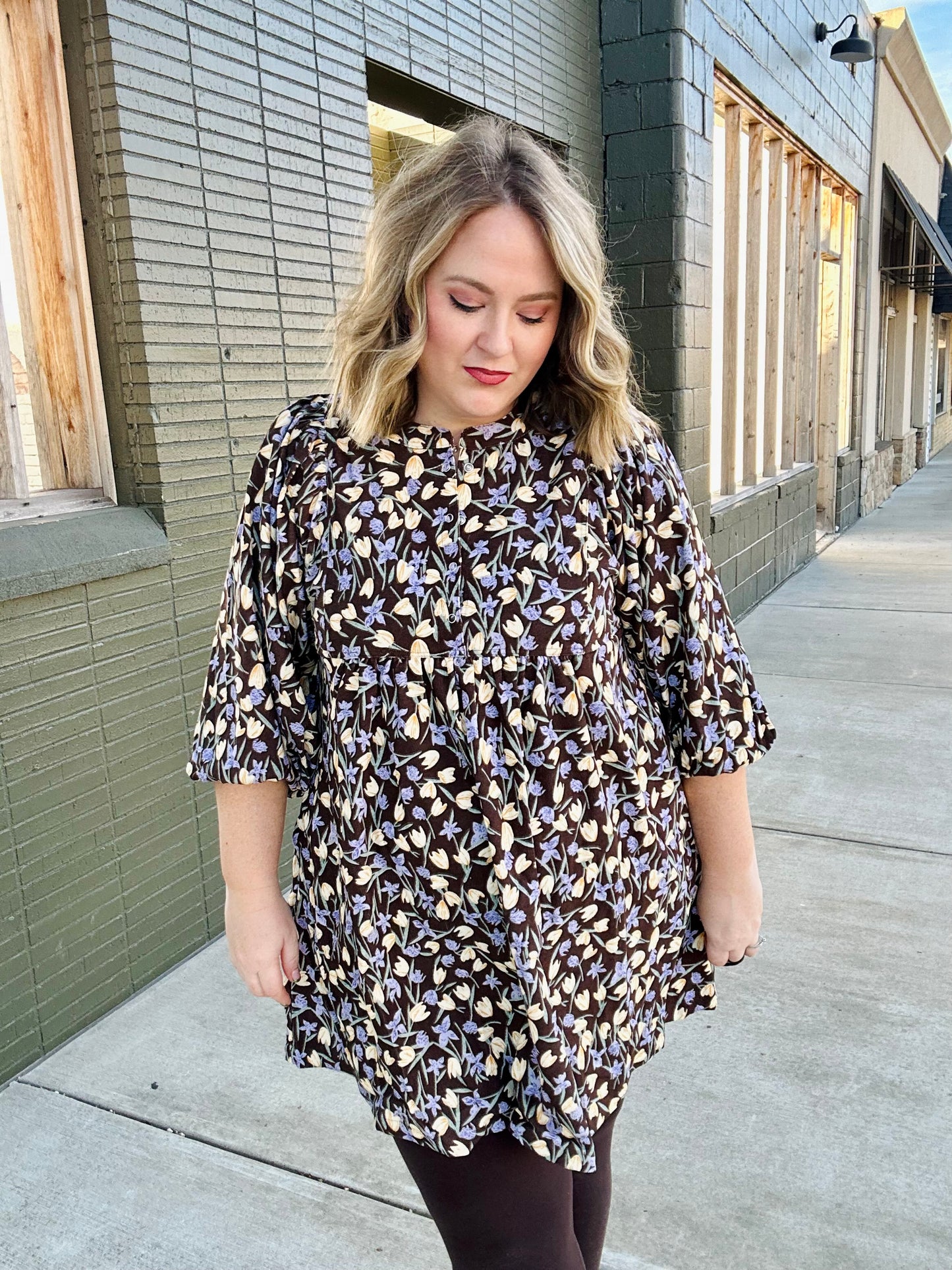 Floral Corduroy Puff Sleeve Babydoll Dress