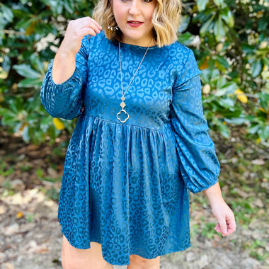 Muted Leopard Babydoll Dress in Teal