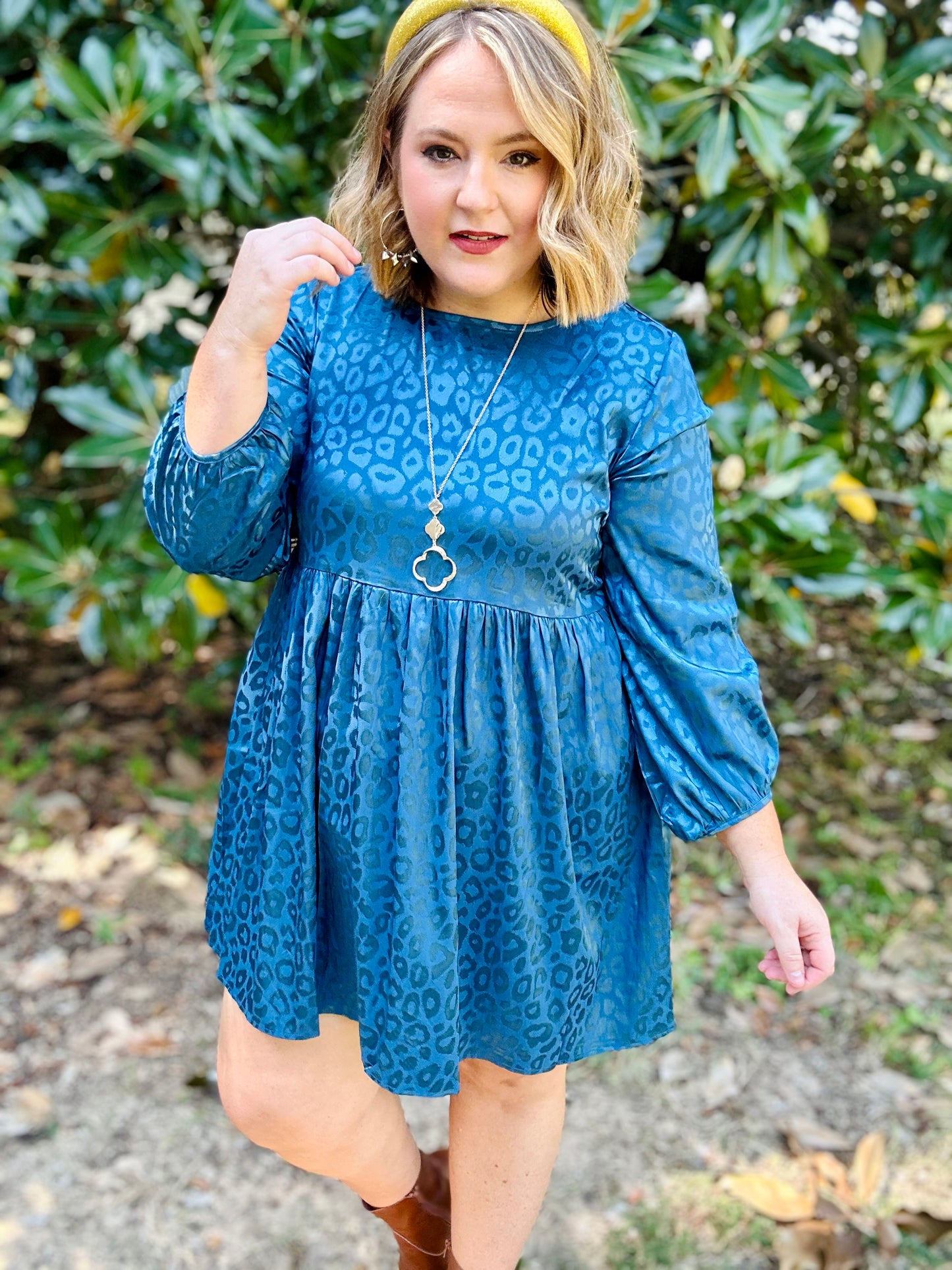 Muted Leopard Babydoll Dress in Teal