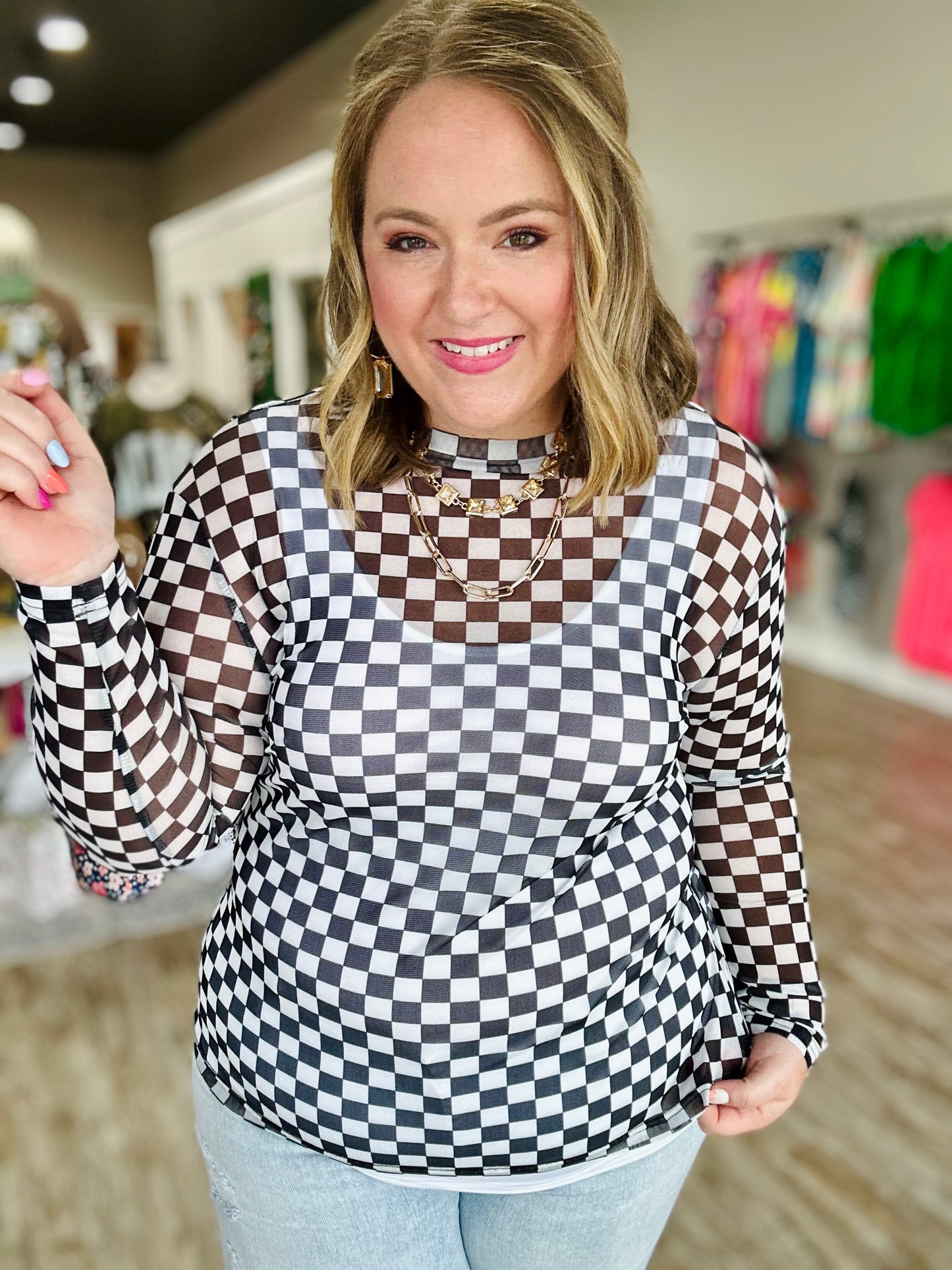 Black Checkered Mesh Top