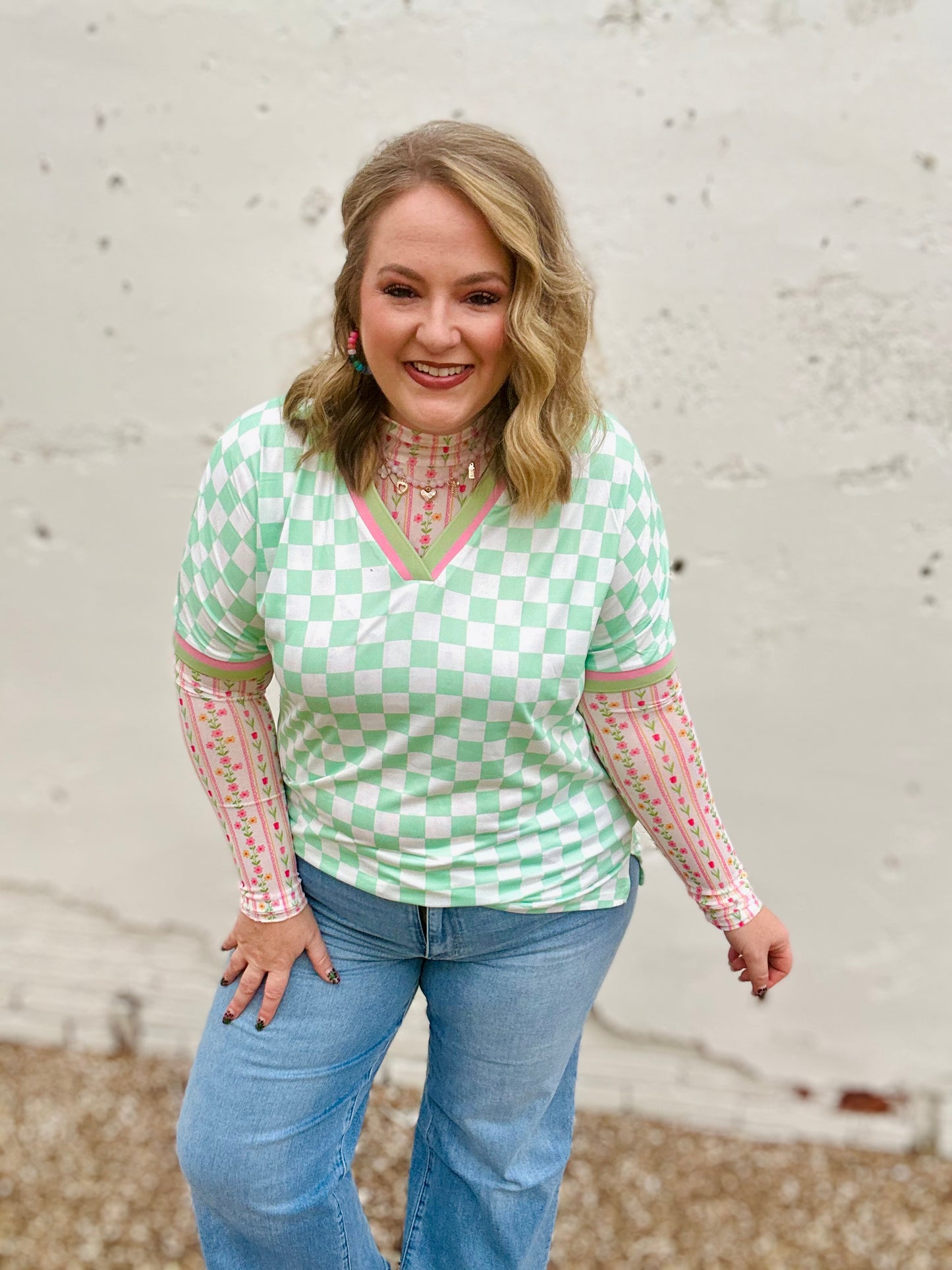 Mint Green Checkered V-Neck