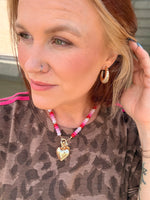 Beaded Porcelain Heart Charm Necklace - Pink