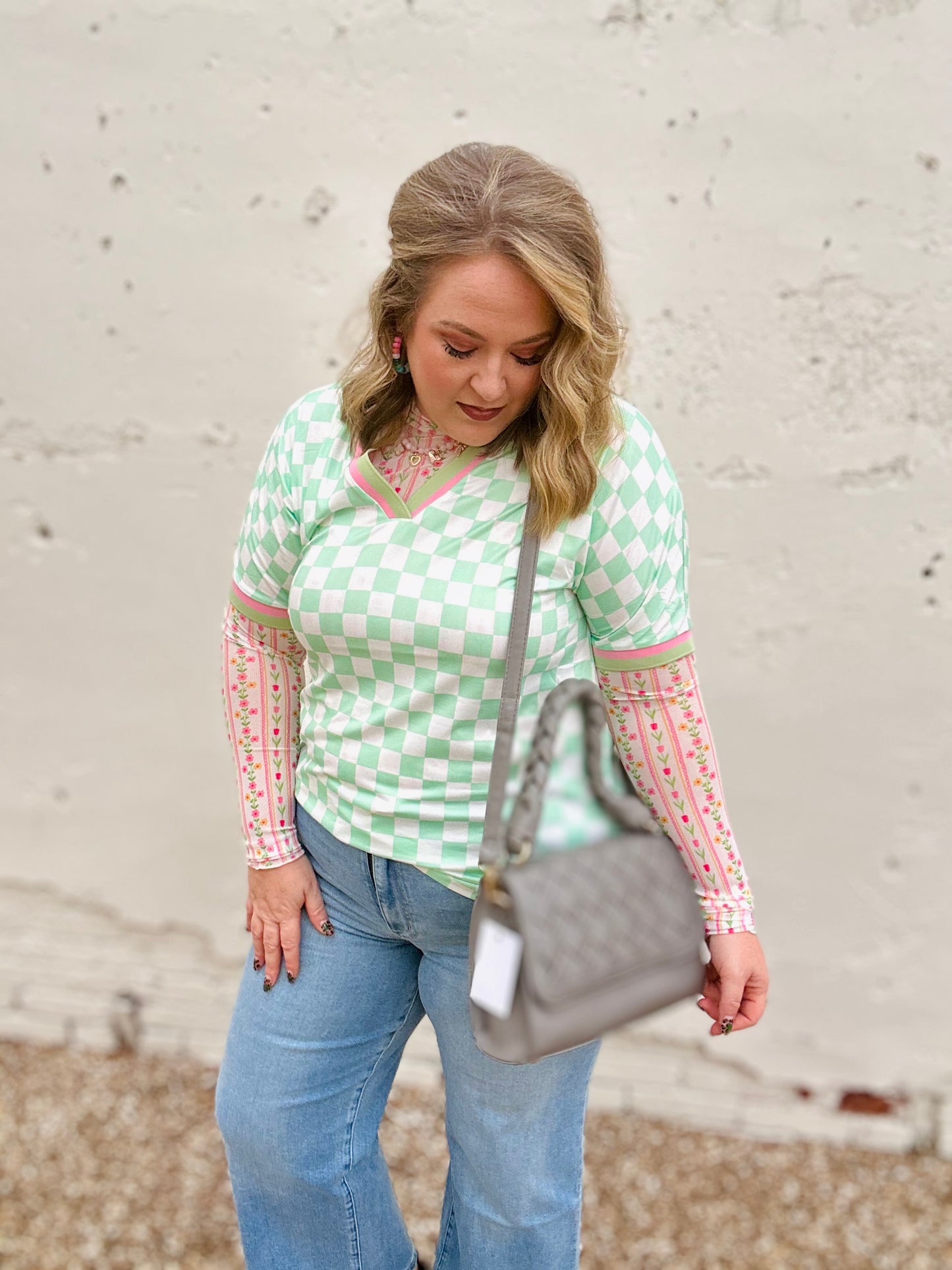 Mint Green Checkered V-Neck