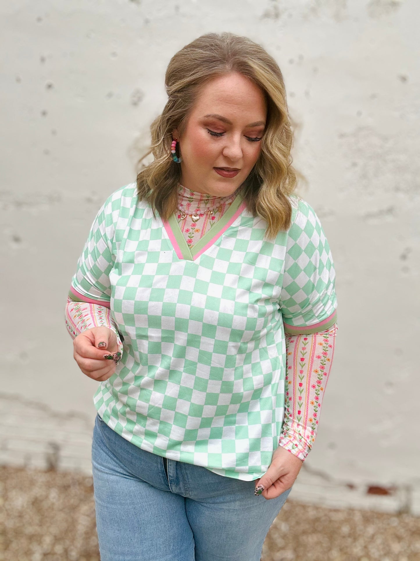 Mint Green Checkered V-Neck