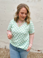 Mint Green Checkered V-Neck