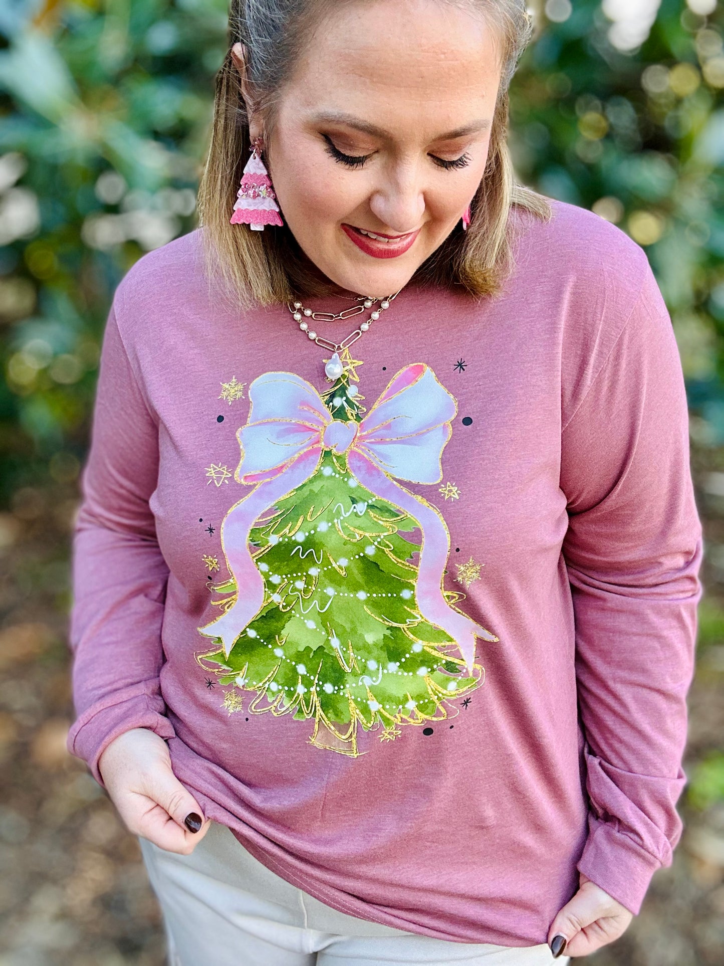 Pink Bow Christmas Tree Long Sleeve Tee