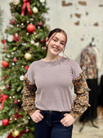 Leopard Ruffled Long Sleeve Ribbed Top