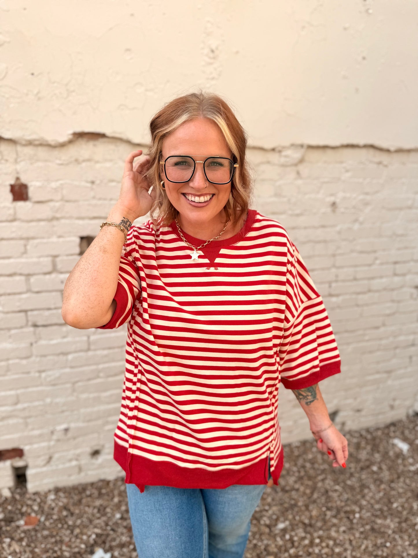 Sarah Oversized Striped Top in Red